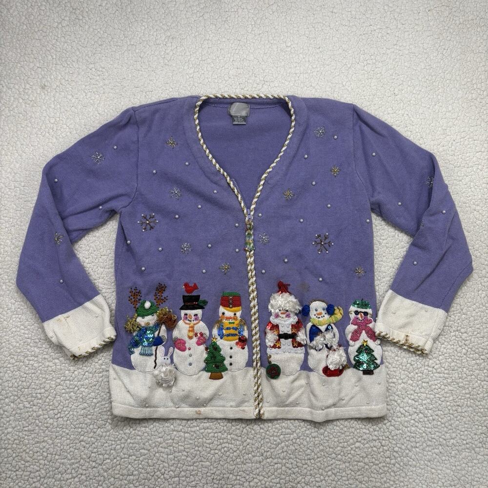 Berek Knit Christmas Snowman Cardigan Sweater Embellished Full Zip Winter Purple